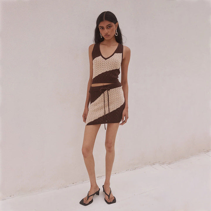 Women Sexy Hollow Out Cutout Striped Beach Dress Bikini Swimsuit Blouse Sun Proof Set