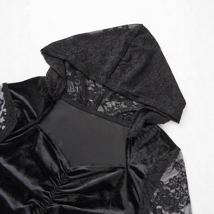 Gothic Vintage Lace Stitching Women Dress Gothic Bandage Ladies Long Sleeve Velvet Dress