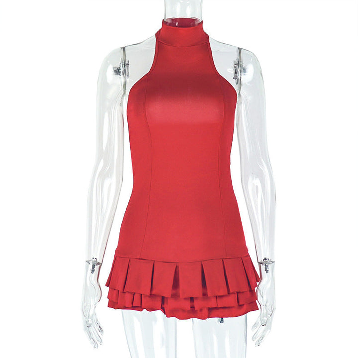 Personalized Waist Women Clothing Solid Color Fluffy Pleated Tiered Dress Stand Collar Short Sleeveless Dress