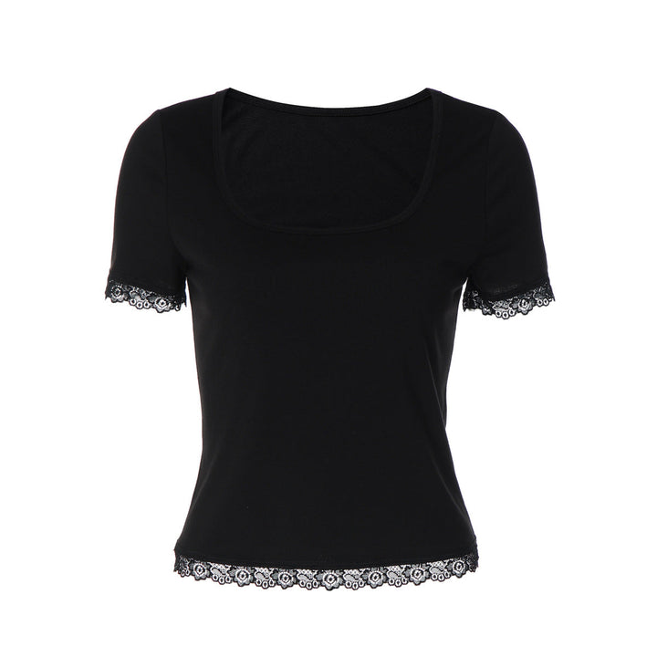 Women Summer Lace Stitching T shirt Slim U Neck Bottoming Top