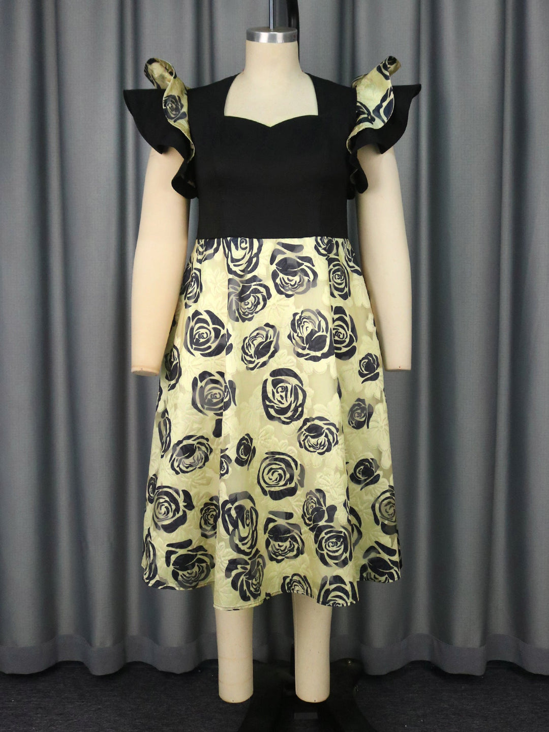 Square Collar Lotus Leaf Sleeve Dress High Waist Rose Jacquard a Swing Cocktail Dress