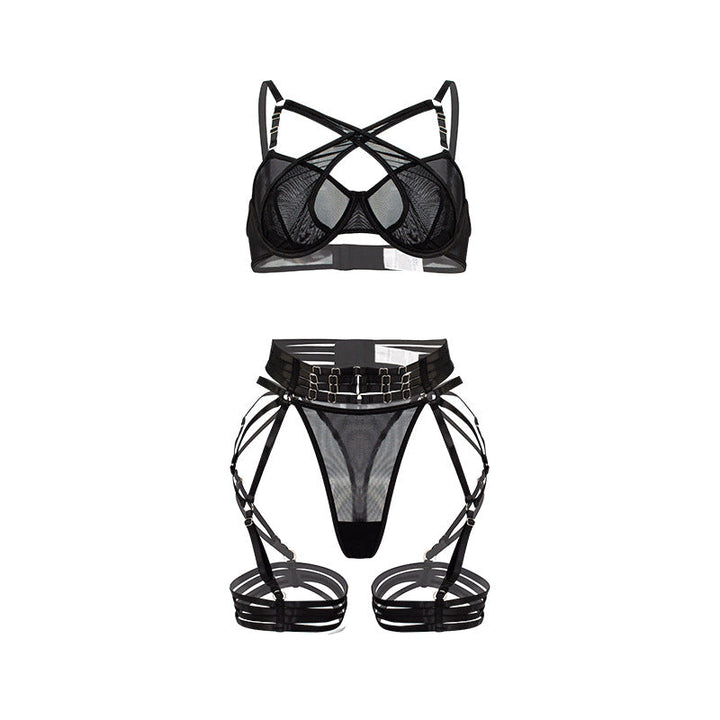 Women Sexy Underwear Push up Bras Mesh See through Sexy Lace up Metal Buckle Three Piece Set