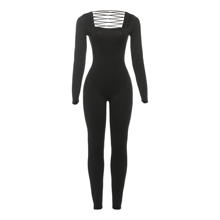 Women Clothing Autumn Winter Sexy U Collar Backless Lace up Long Sleeve Solid Color Hip Lifting Jumpsuit