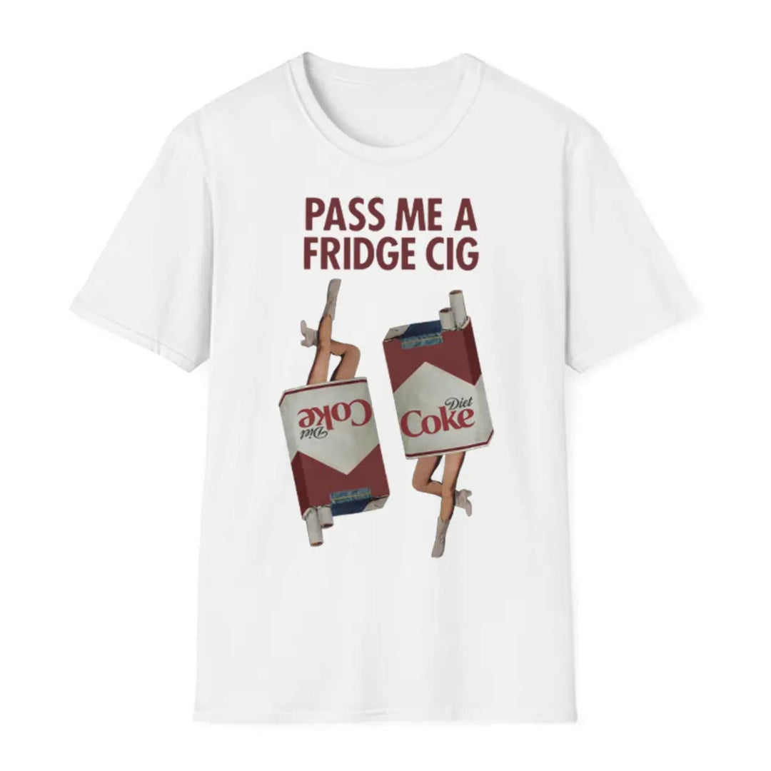 "Pass Me a Fridge Cig" Funny Graphic T-Shirt - Playful Retro Parody Tee, Unique Humor Apparel