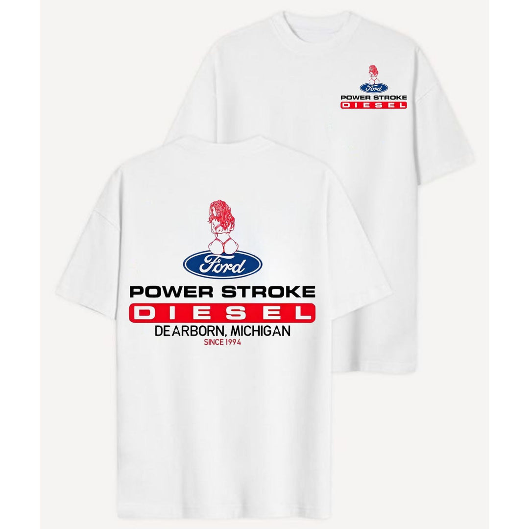 Power Stroke Logo T-Shirt with Lady Graphic - 2-Sided Tee for Truck & Car Enthusiasts, Unisex Style