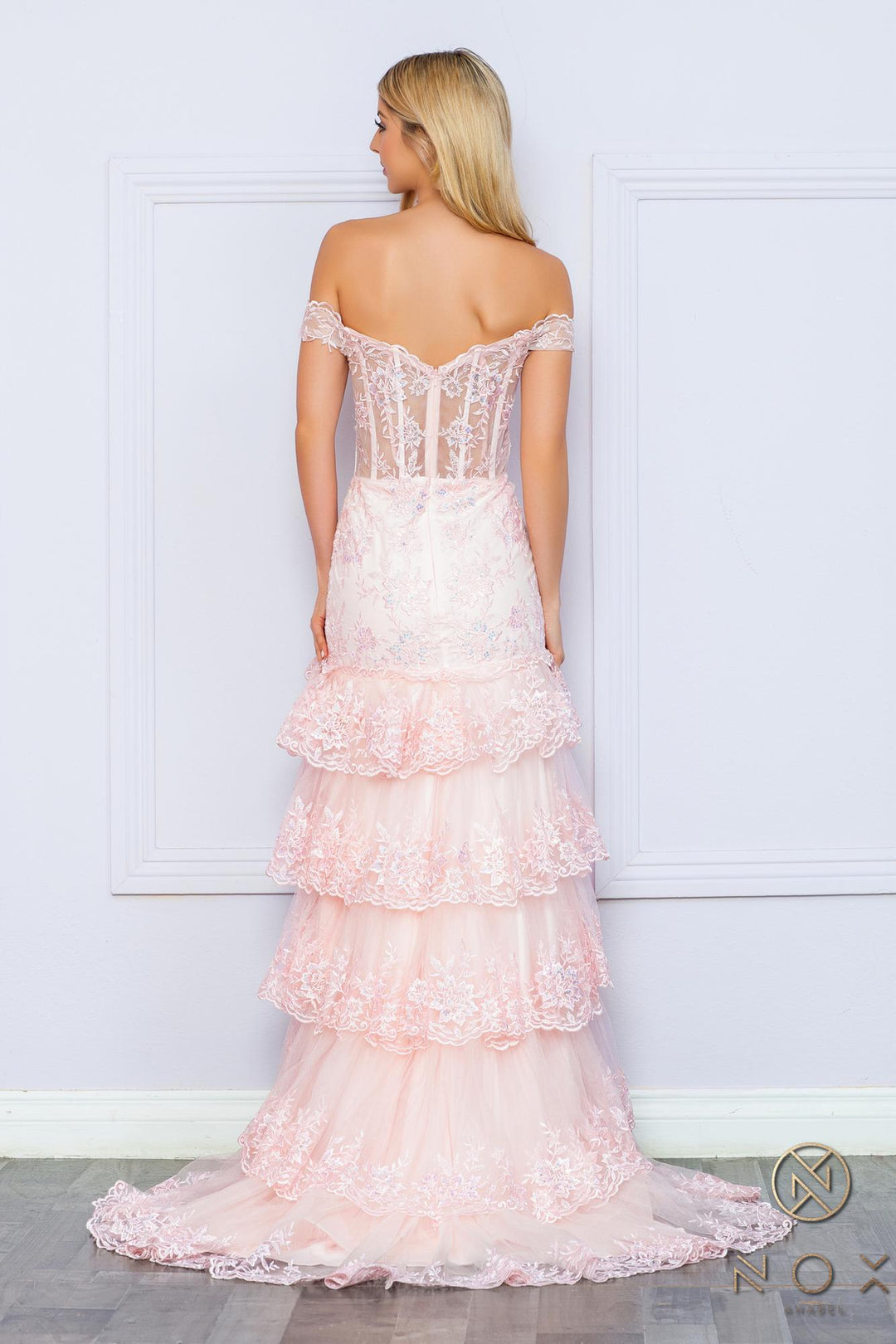 Nox Anabel R1301 Long Layered Tiered Skirt Off Shoulder Corset Dress