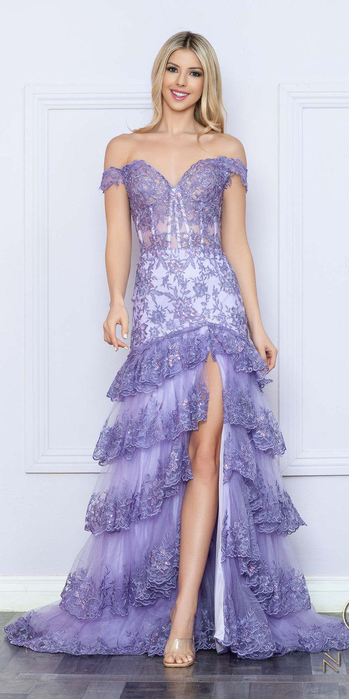 Nox Anabel R1301 Long Layered Tiered Skirt Off Shoulder Corset Dress