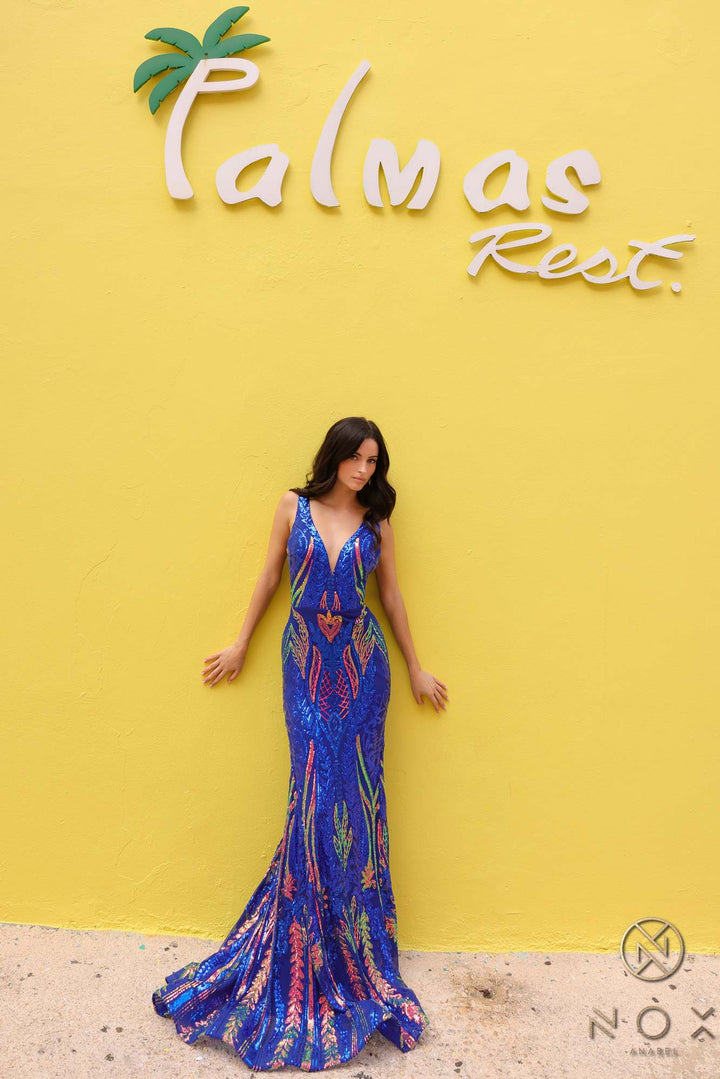 Nox Anabel R1402 Long Plunging V-Neck Fitted Sequin Print Gown