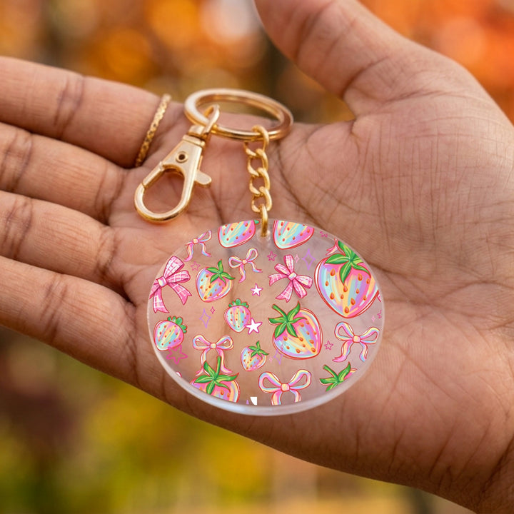 Rainbow Strawberry Bow Acrylic Keychain with Charm