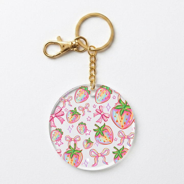 Rainbow Strawberry Bow Acrylic Keychain with Charm