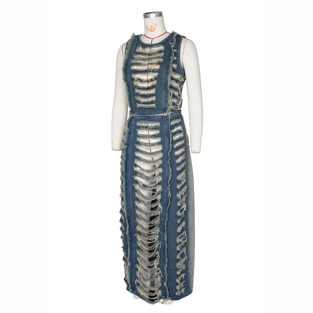 Women Sleeveless Crop Tank Tops and Split Side Maxi Skirt Streetwear Outfits Elegant Ripped Hole Denim Two 2 Piece Dress