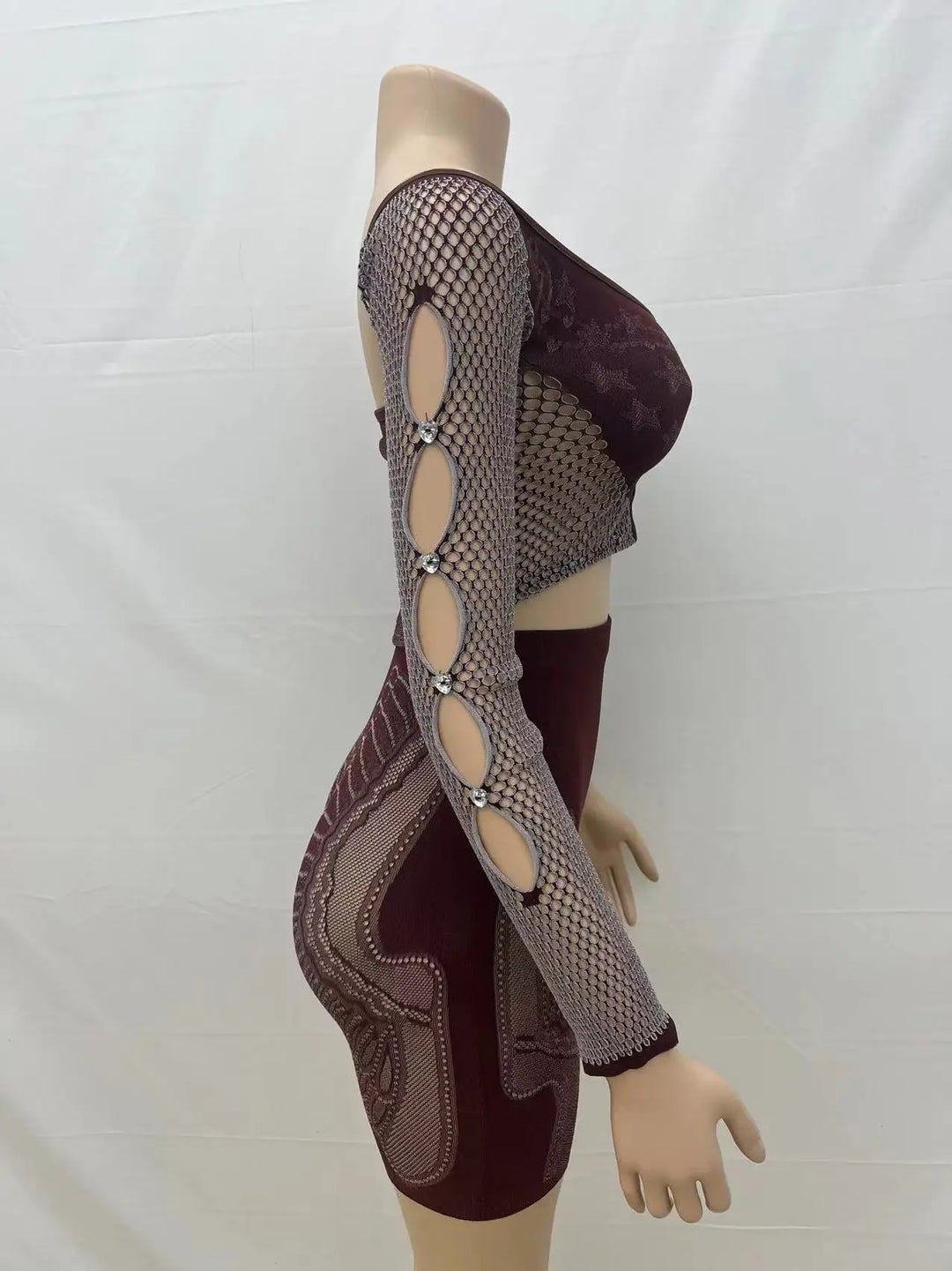 Summer Thin Off SHoulder Full Sleeve Hollow Top+Elastic Matching Shorts Mesh Patchwork 2 Piece Set Sheer New Clubwear