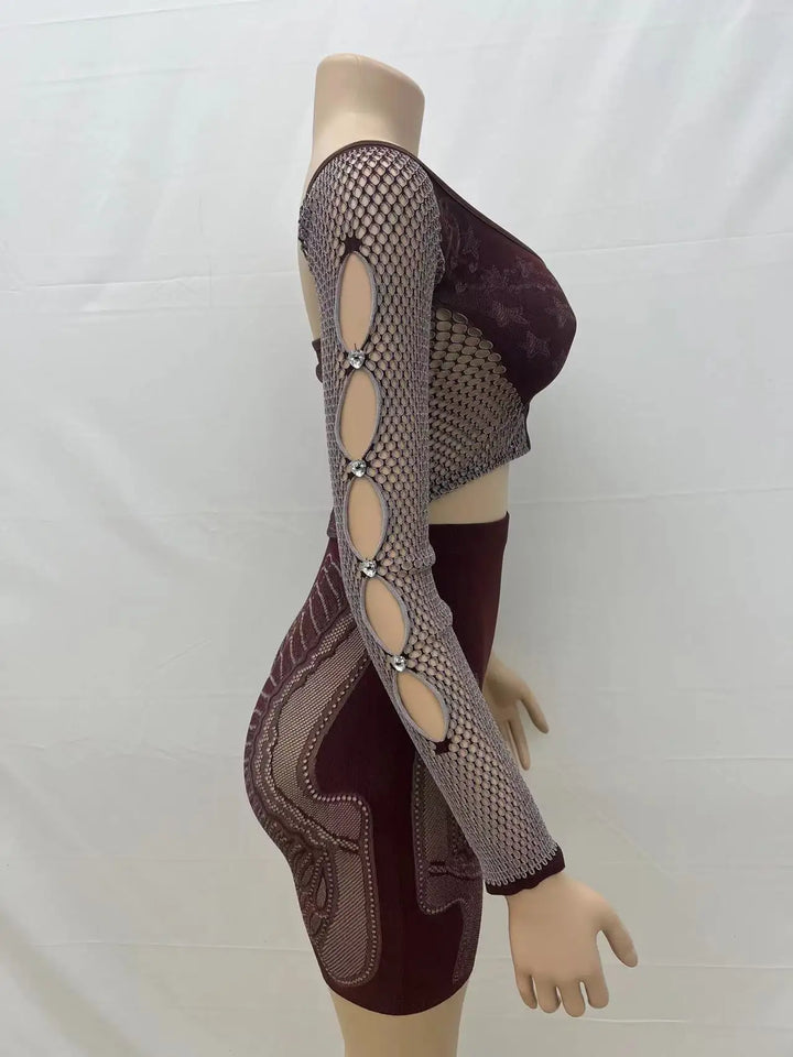 Summer Thin Off SHoulder Full Sleeve Hollow Top+Elastic Matching Shorts Mesh Patchwork 2 Piece Set Sheer New Clubwear