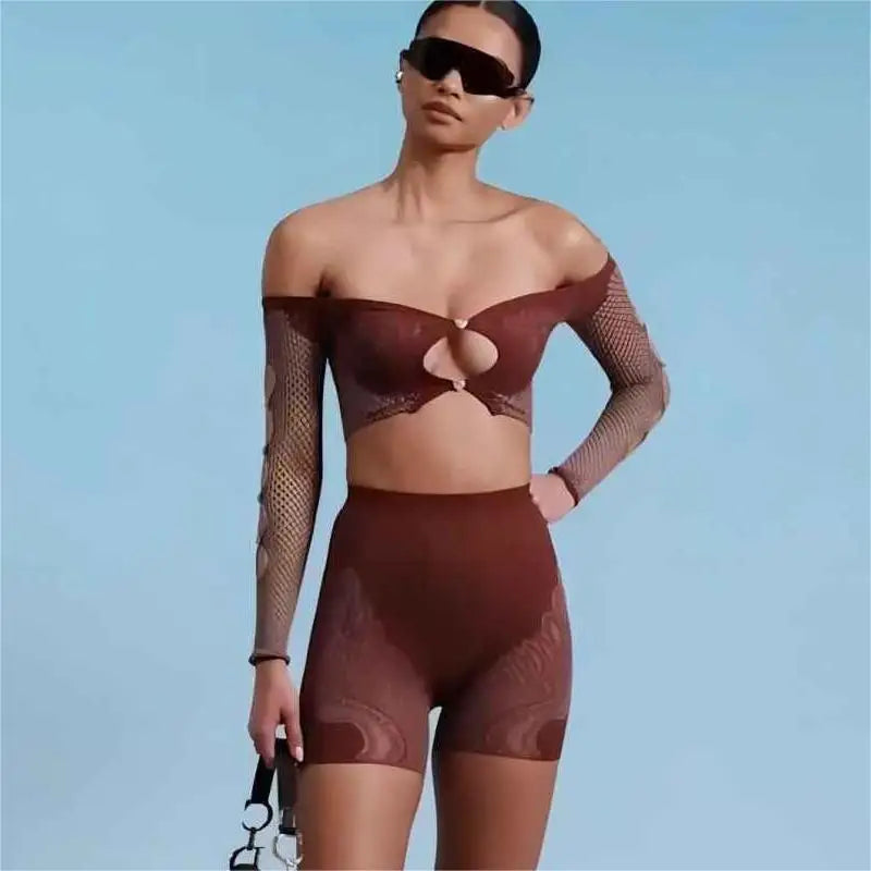 Summer Thin Off SHoulder Full Sleeve Hollow Top+Elastic Matching Shorts Mesh Patchwork 2 Piece Set Sheer New Clubwear