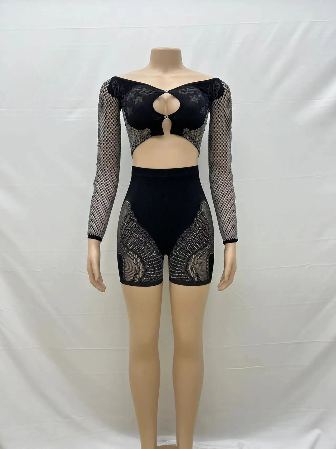 Summer Thin Off SHoulder Full Sleeve Hollow Top+Elastic Matching Shorts Mesh Patchwork 2 Piece Set Sheer New Clubwear
