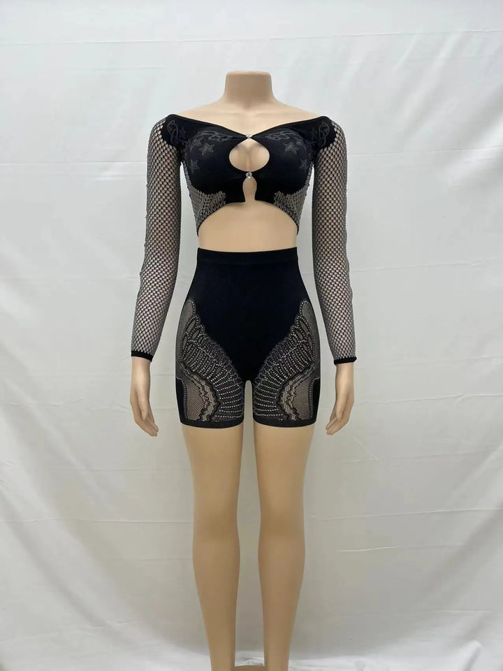 Summer Thin Off SHoulder Full Sleeve Hollow Top+Elastic Matching Shorts Mesh Patchwork 2 Piece Set Sheer New Clubwear