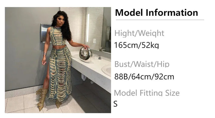 Women Sleeveless Crop Tank Tops and Split Side Maxi Skirt Streetwear Outfits Elegant Ripped Hole Denim Two 2 Piece Dress