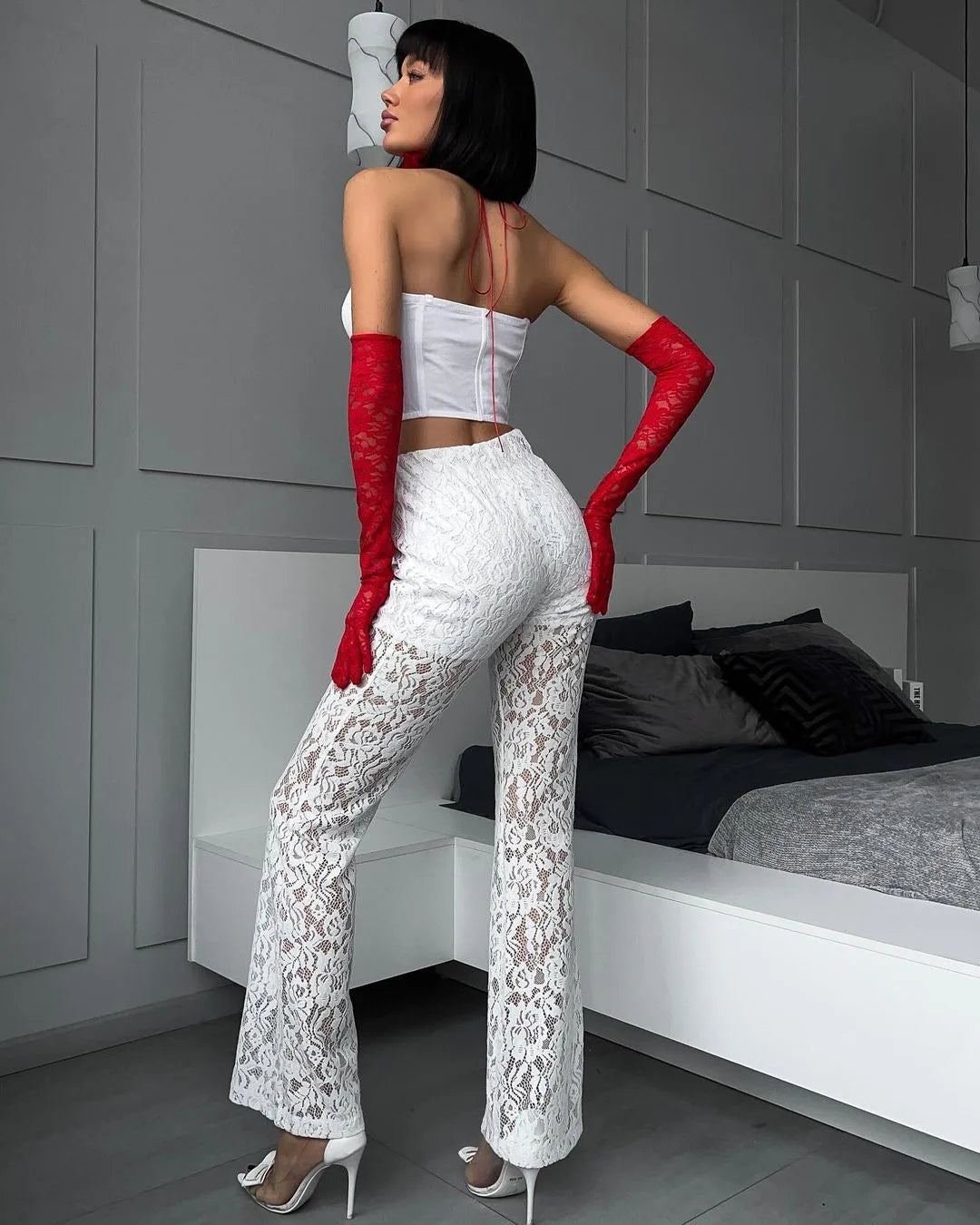 High Waist Pants Ladies Sexy Beach Cover Up Trousers Flare Pants New Black White Lace Sheer Wide Leg Pants