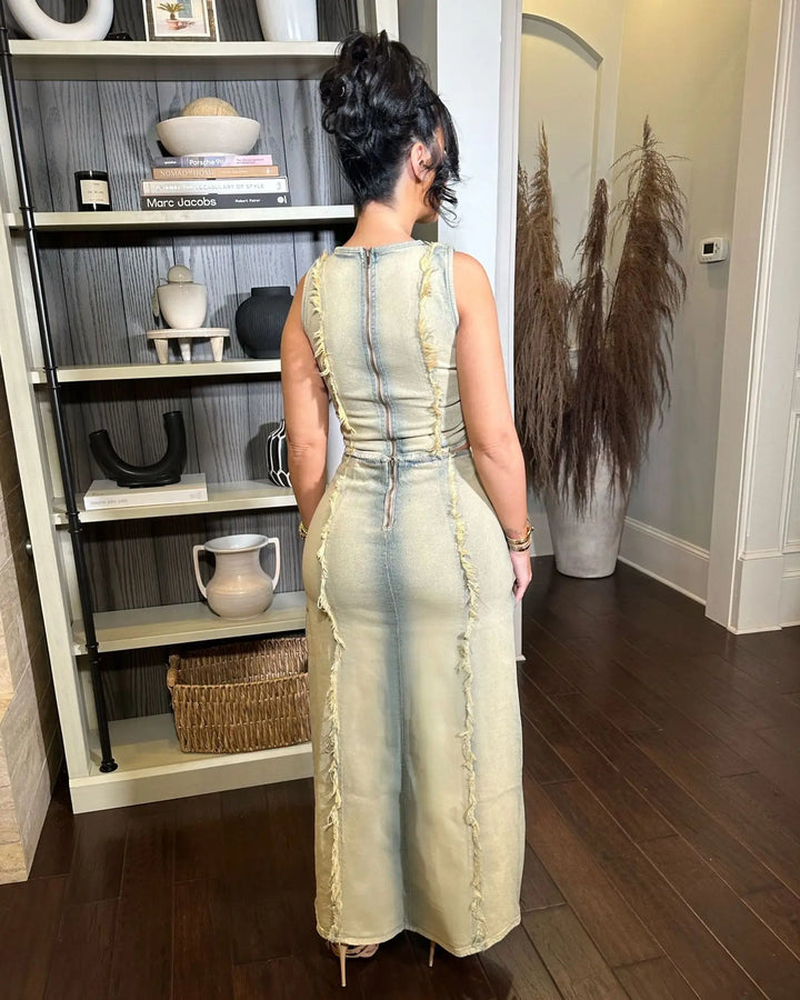 Women Sleeveless Crop Tank Tops and Split Side Maxi Skirt Streetwear Outfits Elegant Ripped Hole Denim Two 2 Piece Dress