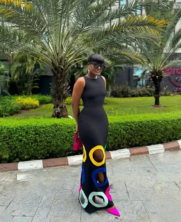 Summer O Neck Sleeveless Patchwork High Waist A Line Party Dresses For Women Black Colorful Hollow Out Maxi Dress