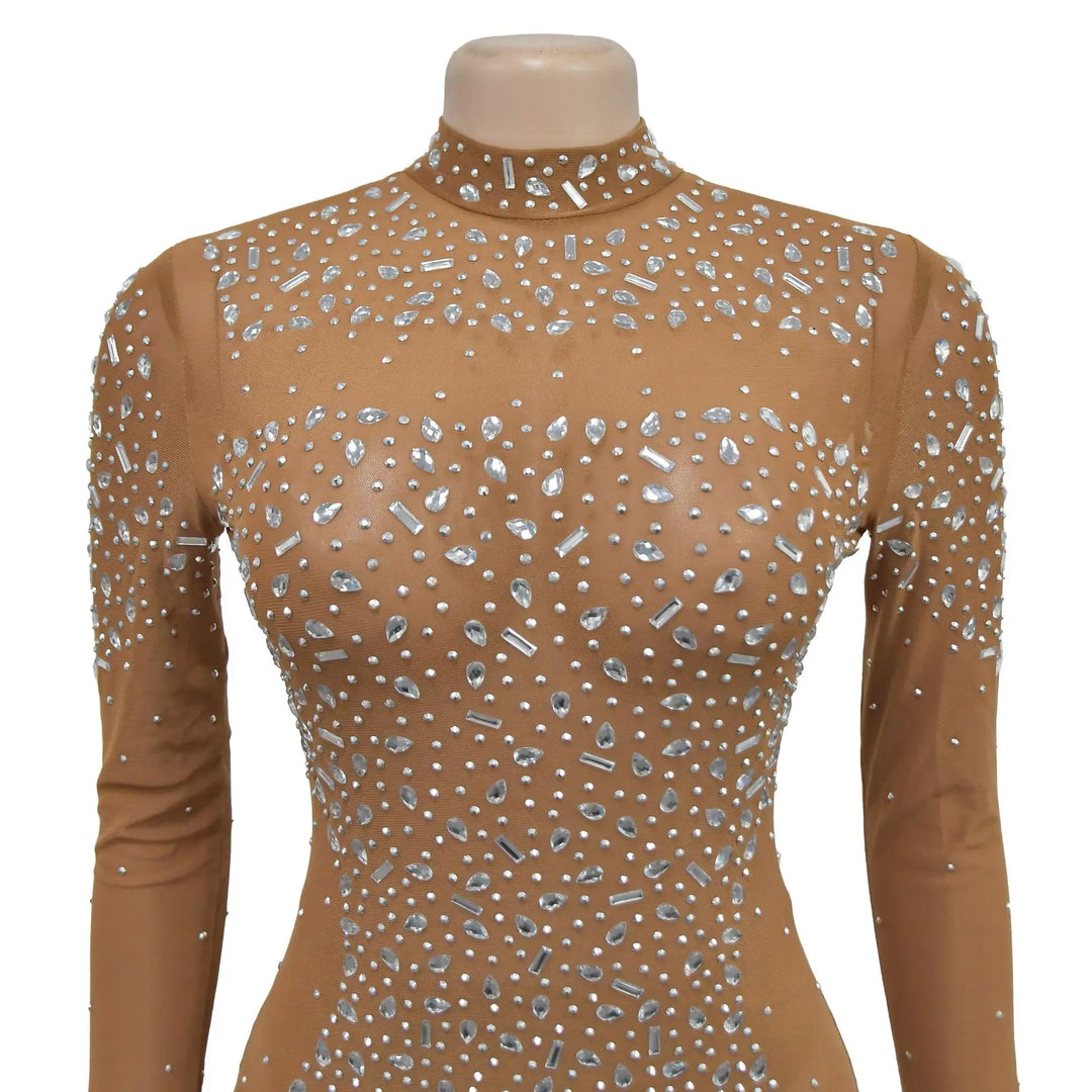 Glam See-Through Mesh Crystal Night Out Dress Birthday Outfits Vestido Women's Silver Rhinestones Long Maxi Dress