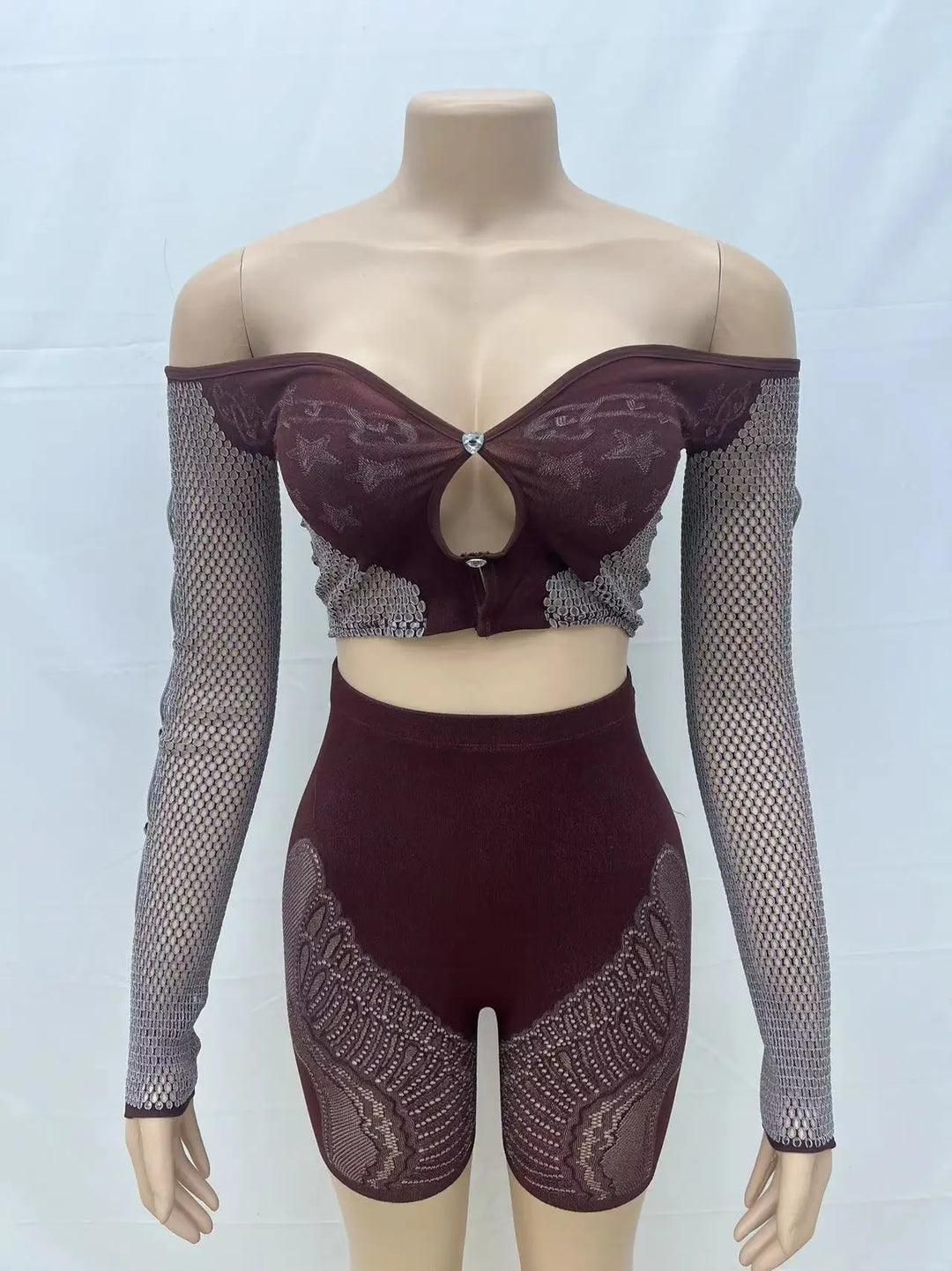 Summer Thin Off SHoulder Full Sleeve Hollow Top+Elastic Matching Shorts Mesh Patchwork 2 Piece Set Sheer New Clubwear