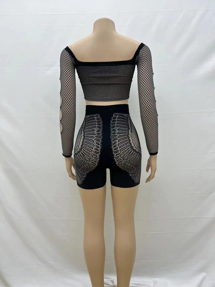 Summer Thin Off SHoulder Full Sleeve Hollow Top+Elastic Matching Shorts Mesh Patchwork 2 Piece Set Sheer New Clubwear