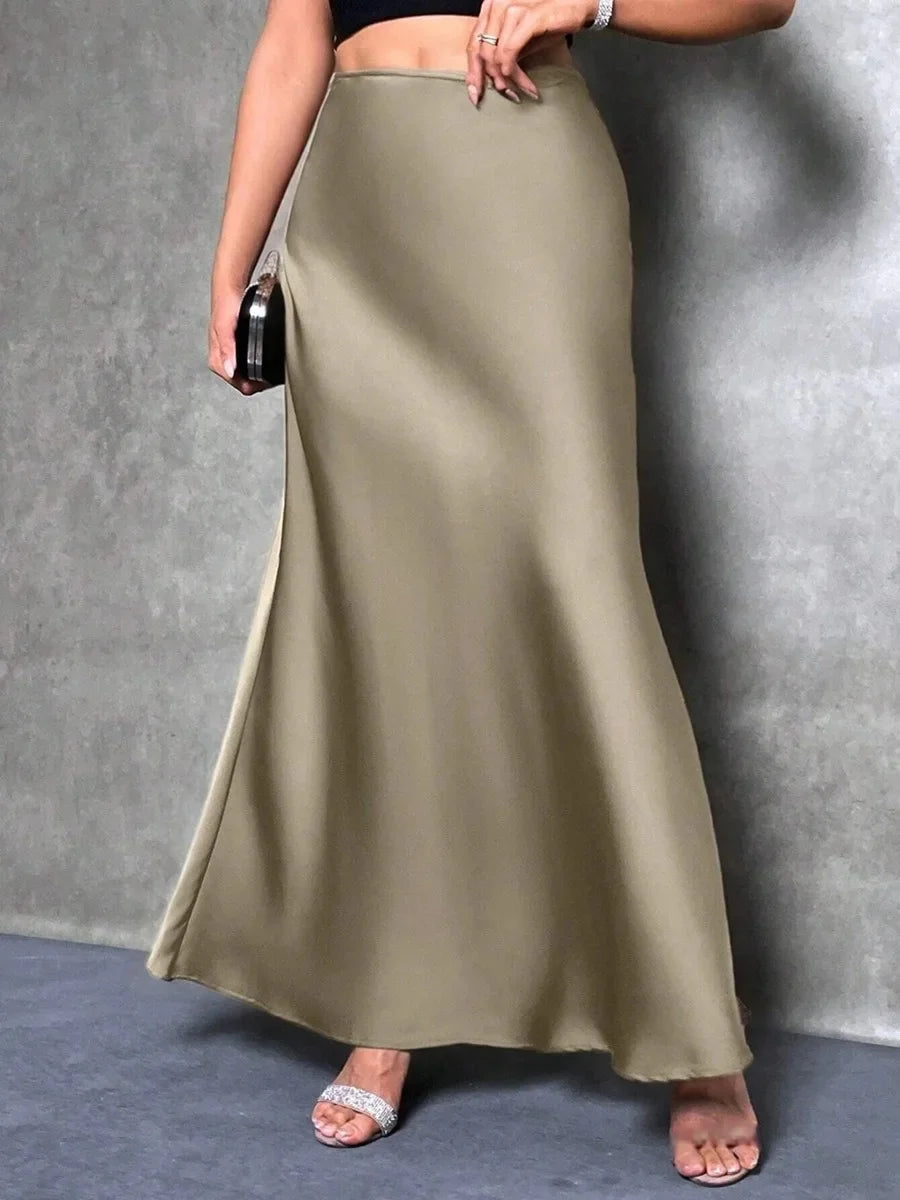 Satin Skirt Autumn Winter Simple A line Long Skirt Women Clothing