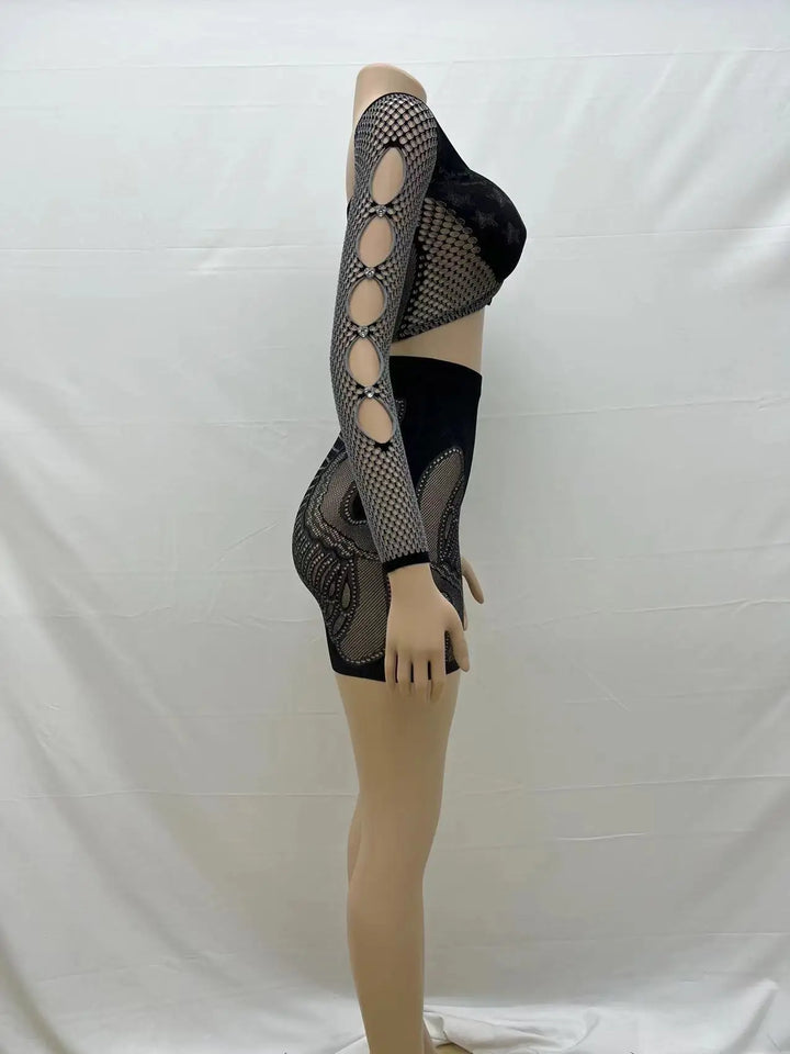 Summer Thin Off SHoulder Full Sleeve Hollow Top+Elastic Matching Shorts Mesh Patchwork 2 Piece Set Sheer New Clubwear