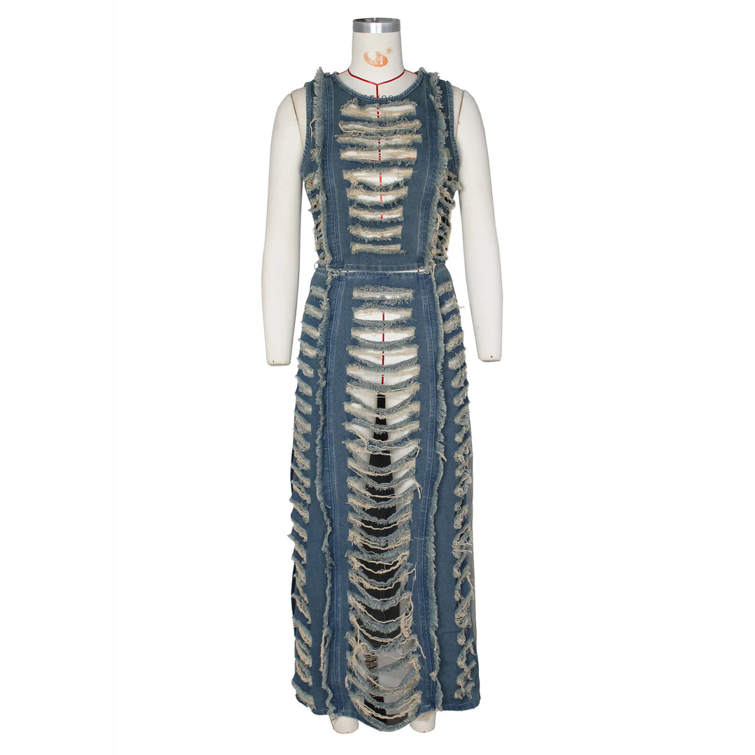Women Sleeveless Crop Tank Tops and Split Side Maxi Skirt Streetwear Outfits Elegant Ripped Hole Denim Two 2 Piece Dress