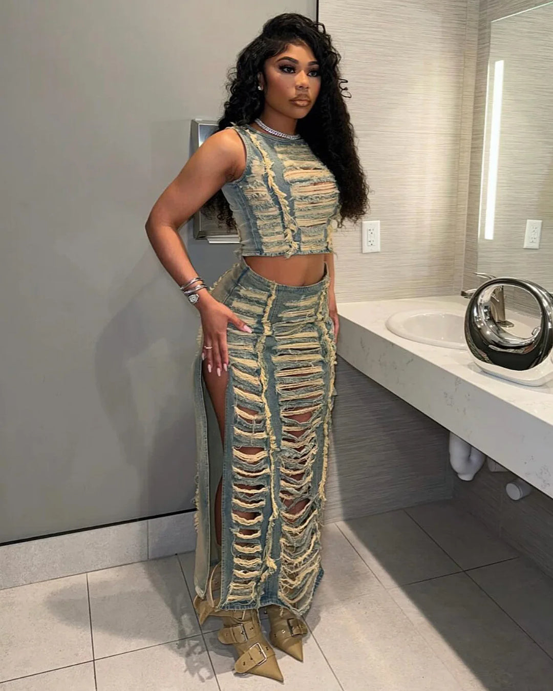 Women Sleeveless Crop Tank Tops and Split Side Maxi Skirt Streetwear Outfits Elegant Ripped Hole Denim Two 2 Piece Dress