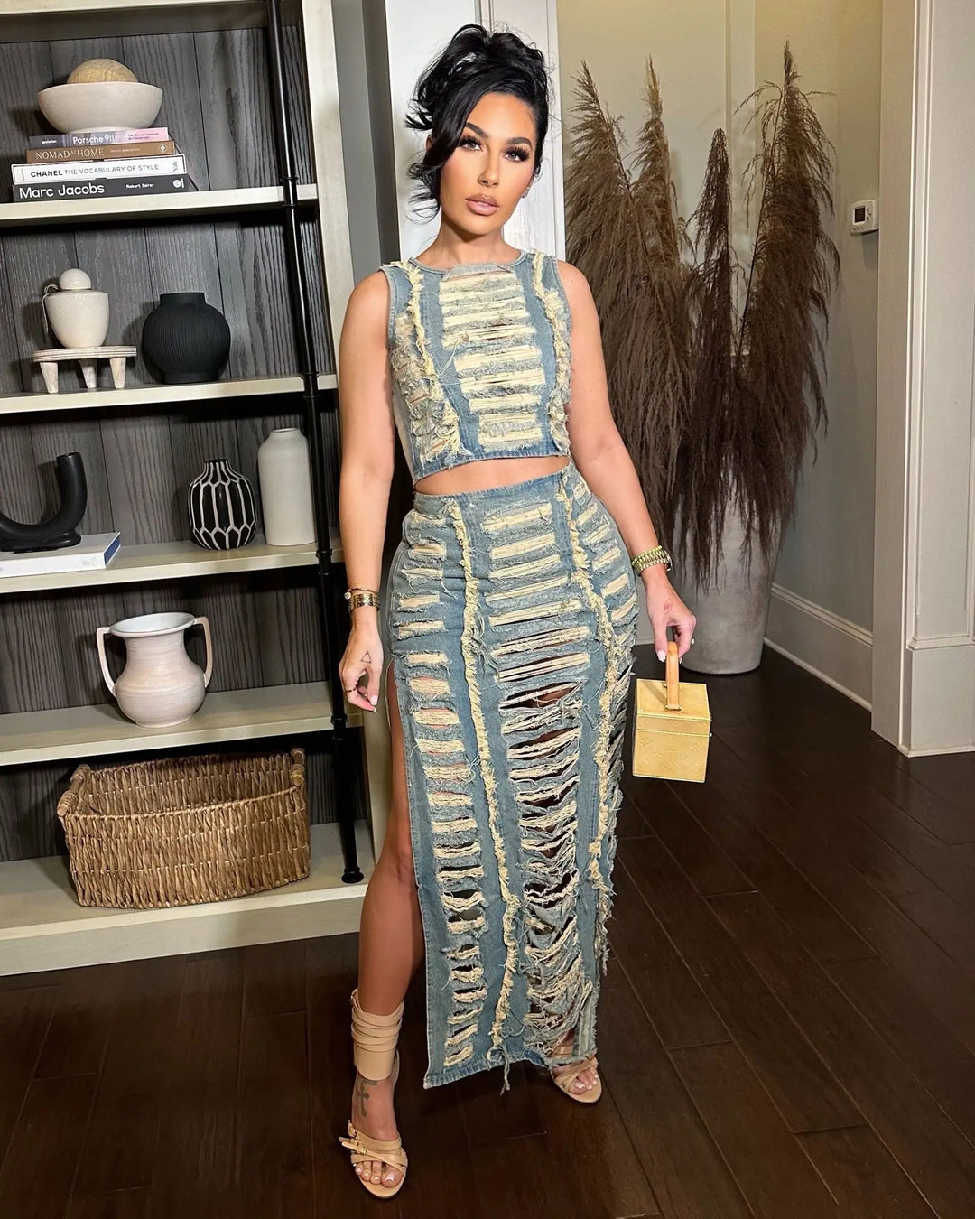 Women Sleeveless Crop Tank Tops and Split Side Maxi Skirt Streetwear Outfits Elegant Ripped Hole Denim Two 2 Piece Dress