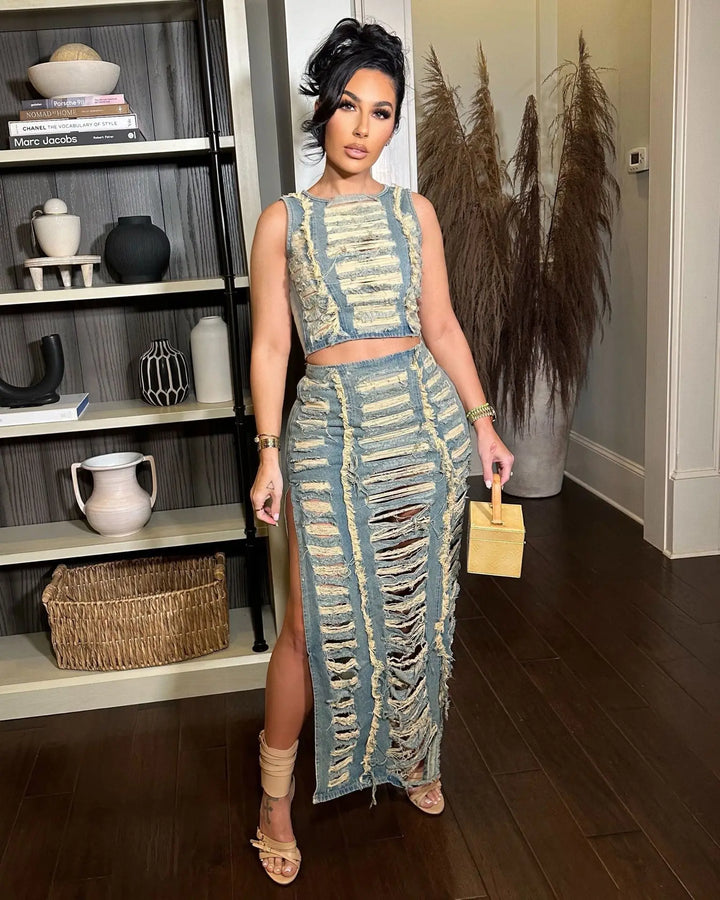 Women Sleeveless Crop Tank Tops and Split Side Maxi Skirt Streetwear Outfits Elegant Ripped Hole Denim Two 2 Piece Dress