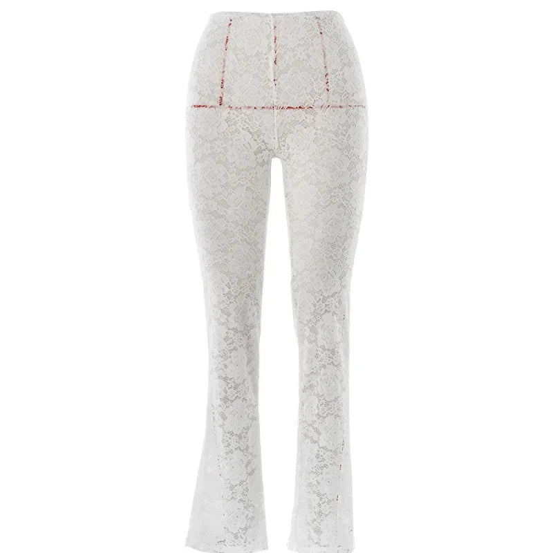 Elegant High Waisted Flared Pants See Through Lace Pants White Black Summer 2024 Women Fashion Clothes