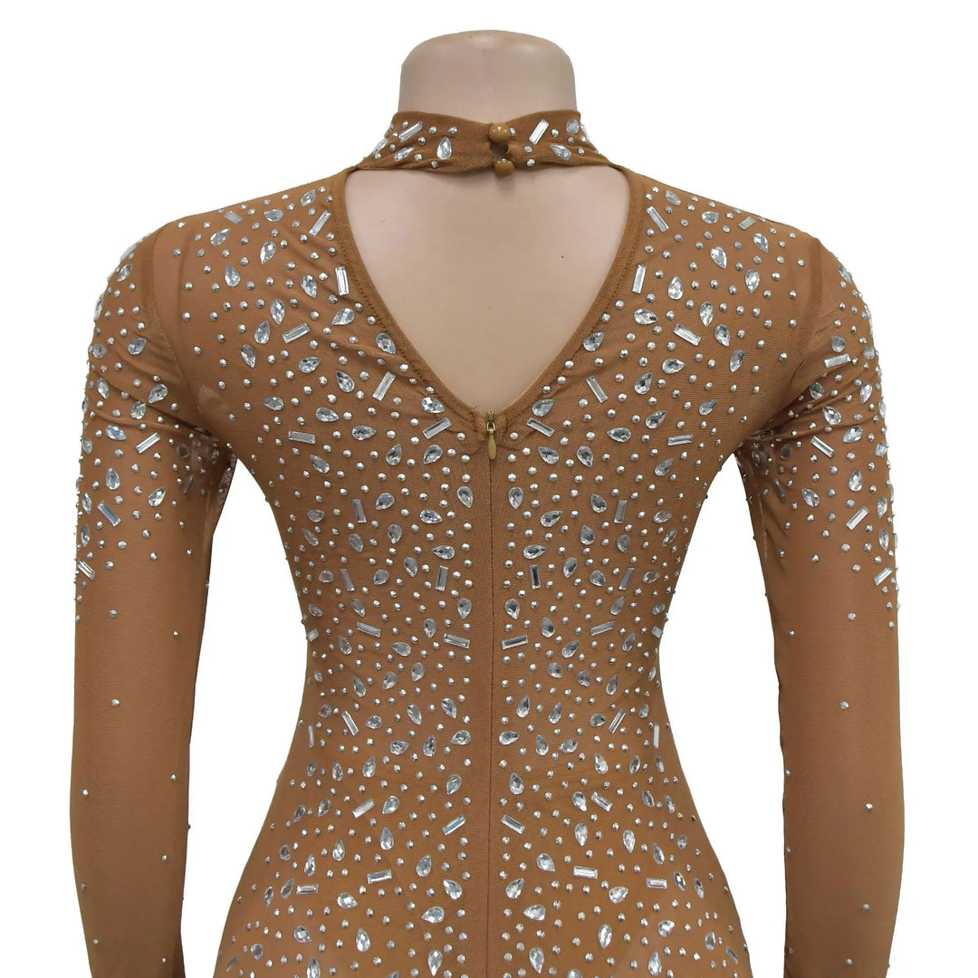 Glam See-Through Mesh Crystal Night Out Dress Birthday Outfits Vestido Women's Silver Rhinestones Long Maxi Dress