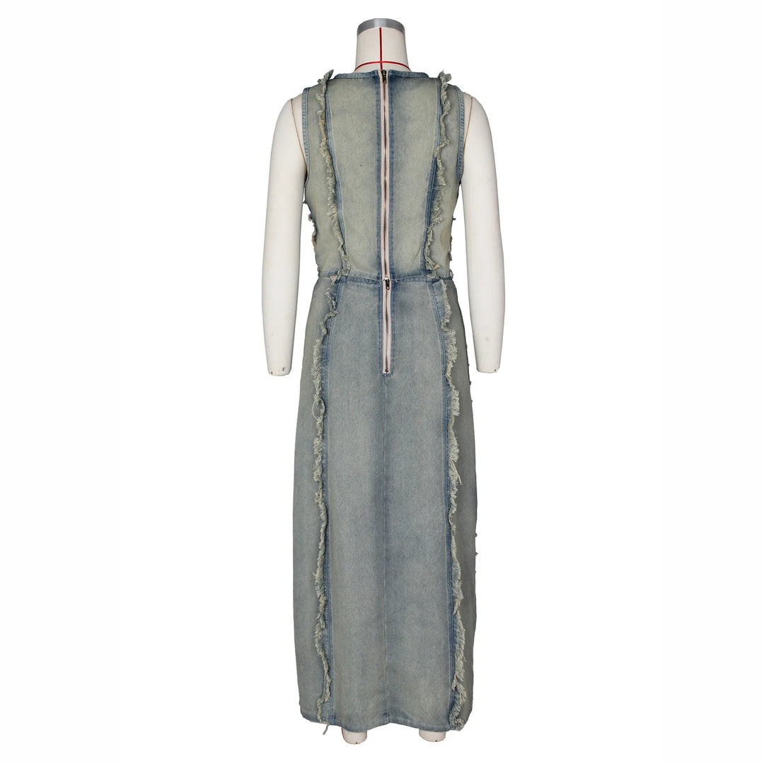 Women Sleeveless Crop Tank Tops and Split Side Maxi Skirt Streetwear Outfits Elegant Ripped Hole Denim Two 2 Piece Dress
