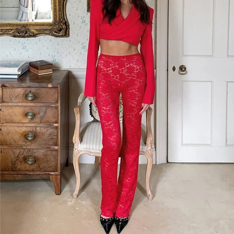 Elegant High Waisted Flared Pants See Through Lace Pants White Black Summer 2024 Women Fashion Clothes