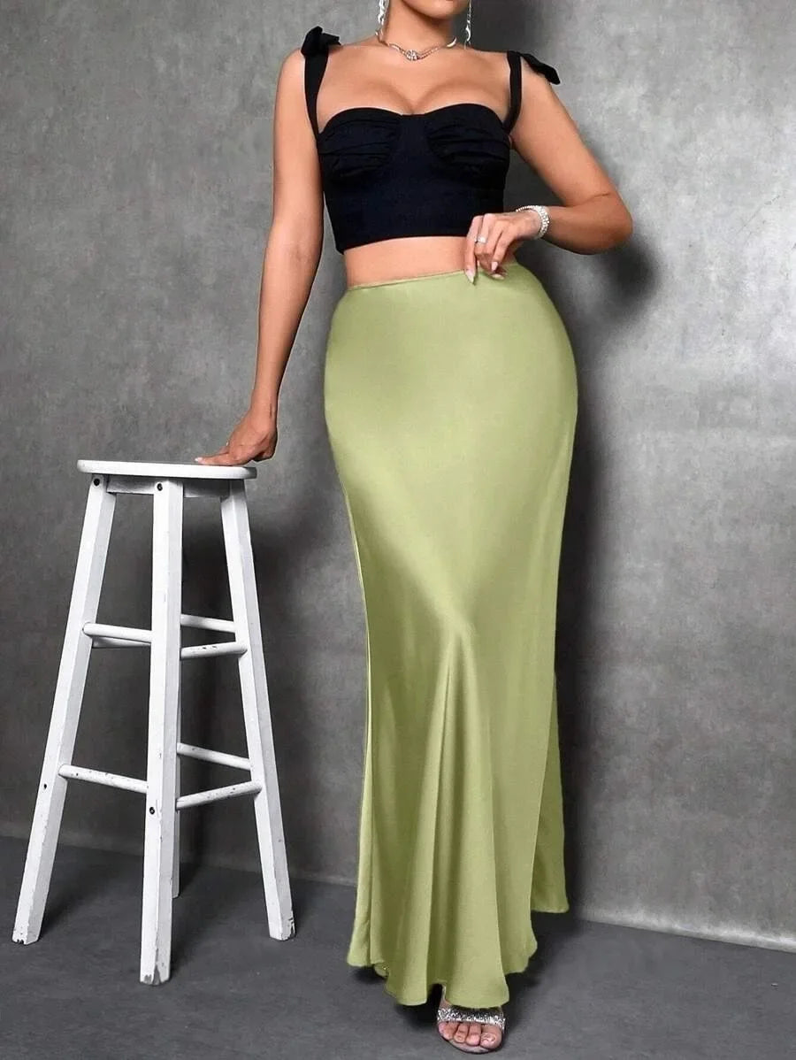 Satin Skirt Autumn Winter Simple A line Long Skirt Women Clothing