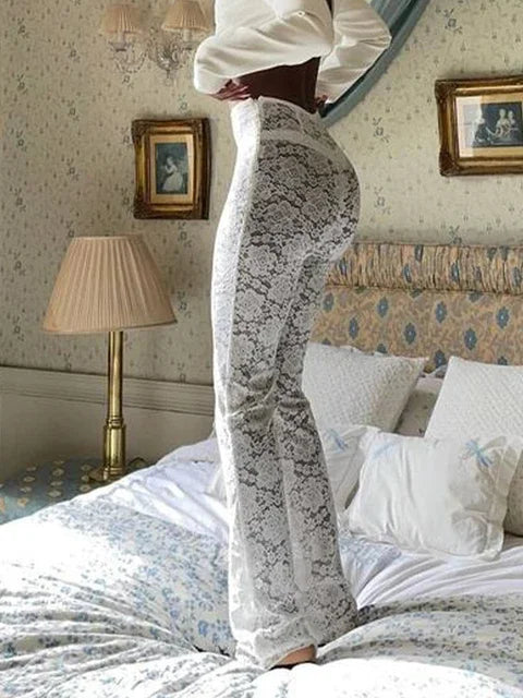 Elegant High Waisted Flared Pants See Through Lace Pants White Black Summer 2024 Women Fashion Clothes