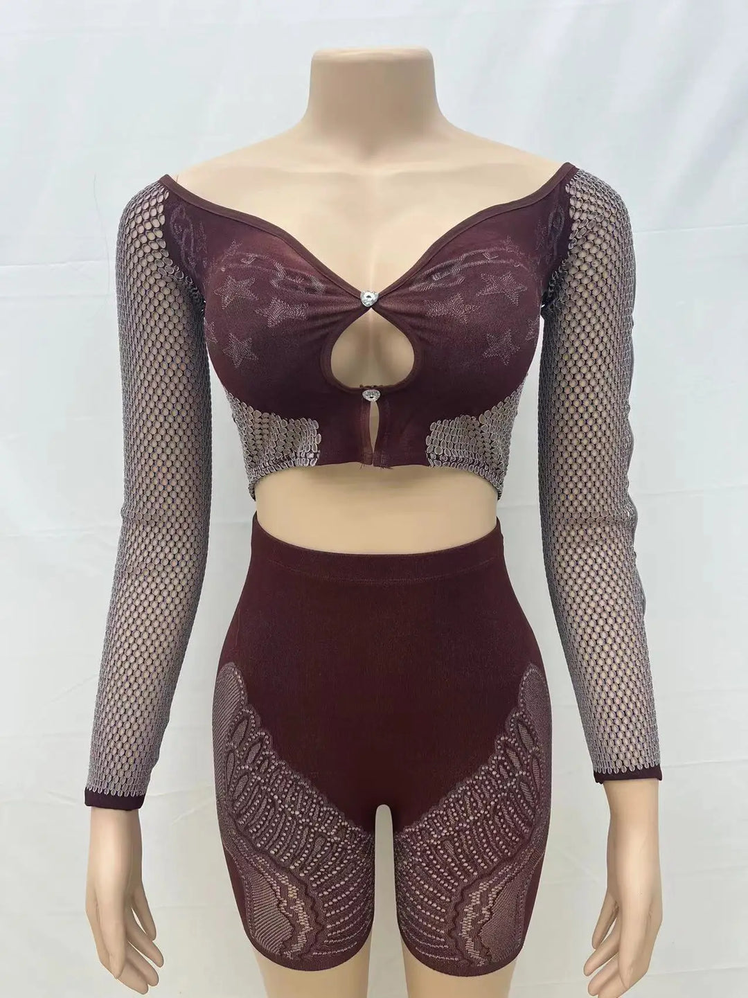 Summer Thin Off SHoulder Full Sleeve Hollow Top+Elastic Matching Shorts Mesh Patchwork 2 Piece Set Sheer New Clubwear