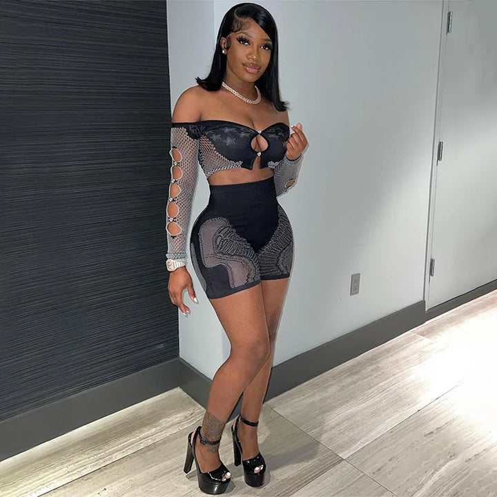 Summer Thin Off SHoulder Full Sleeve Hollow Top+Elastic Matching Shorts Mesh Patchwork 2 Piece Set Sheer New Clubwear