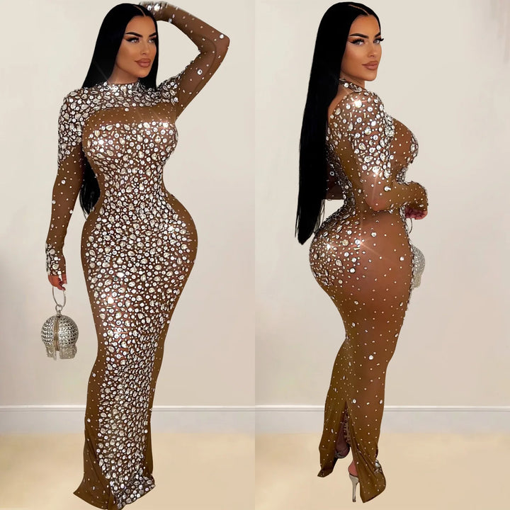 Glam See-Through Mesh Crystal Night Out Dress Birthday Outfits Vestido Women's Silver Rhinestones Long Maxi Dress