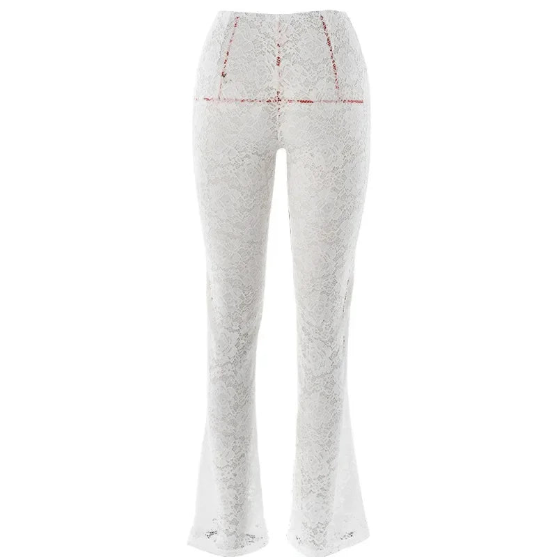 Elegant High Waisted Flared Pants See Through Lace Pants White Black Summer 2024 Women Fashion Clothes
