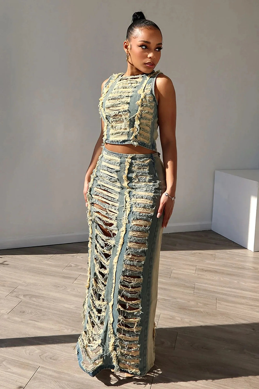 Women Sleeveless Crop Tank Tops and Split Side Maxi Skirt Streetwear Outfits Elegant Ripped Hole Denim Two 2 Piece Dress