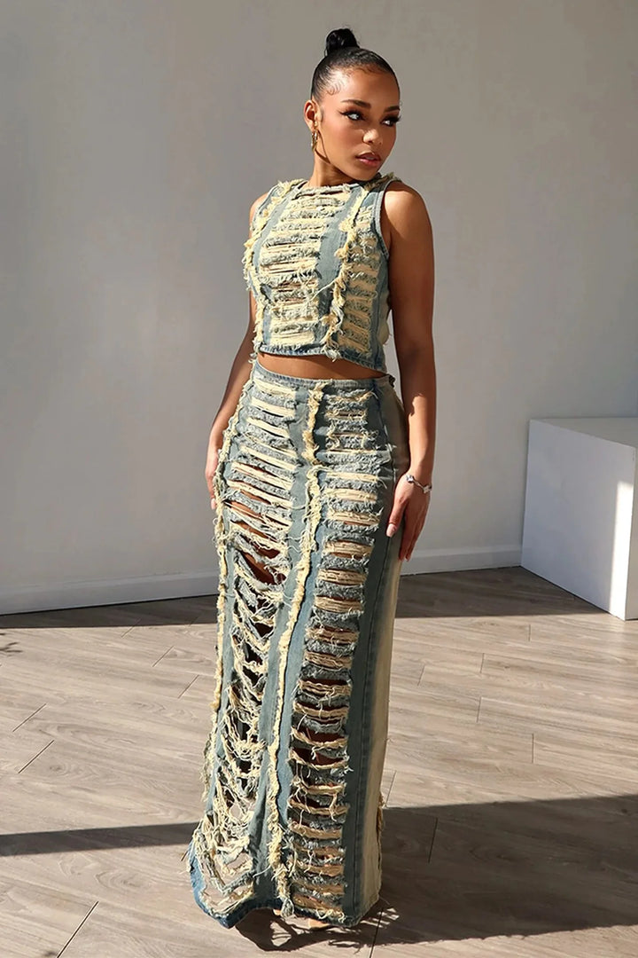 Women Sleeveless Crop Tank Tops and Split Side Maxi Skirt Streetwear Outfits Elegant Ripped Hole Denim Two 2 Piece Dress