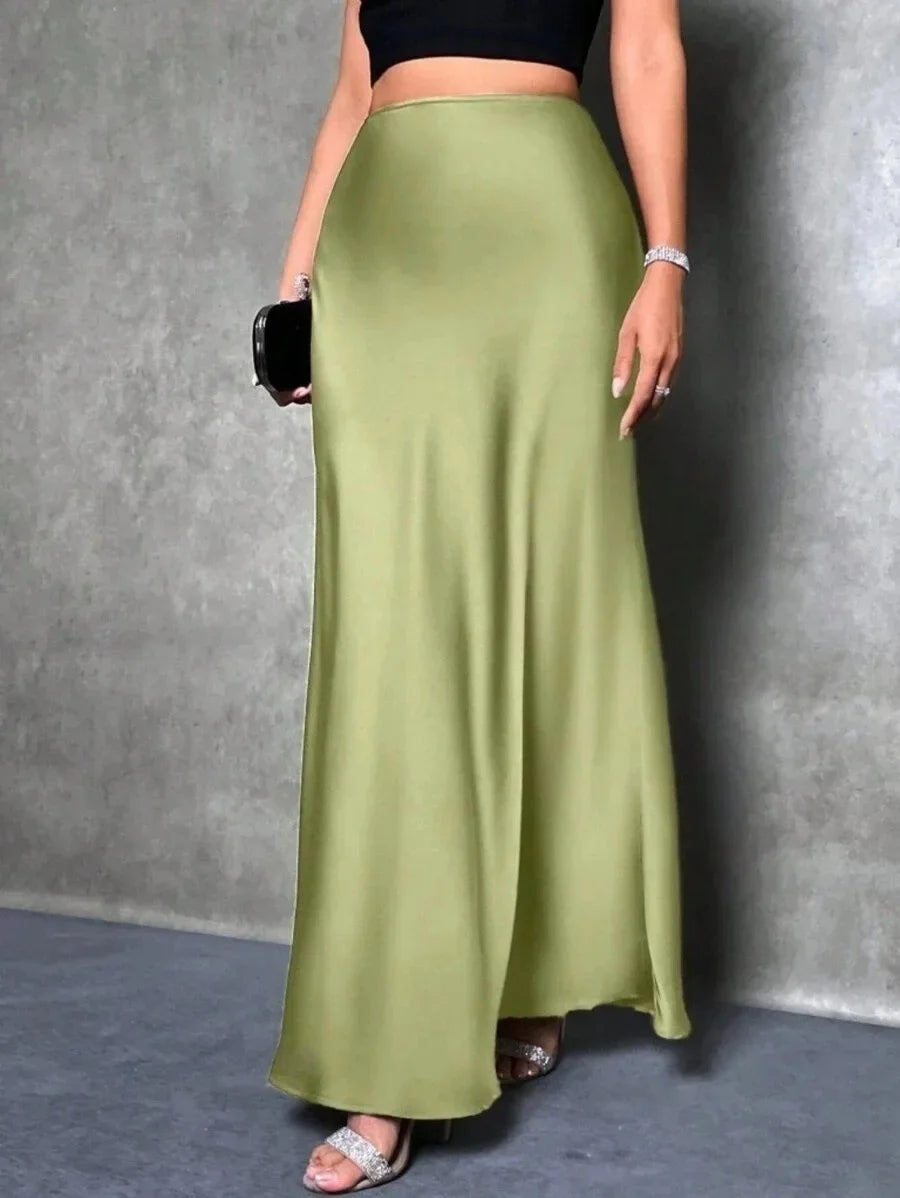 Satin Skirt Autumn Winter Simple A line Long Skirt Women Clothing