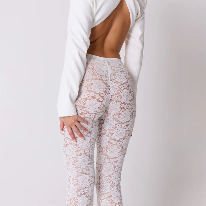 Elegant High Waisted Flared Pants See Through Lace Pants White Black Summer 2024 Women Fashion Clothes