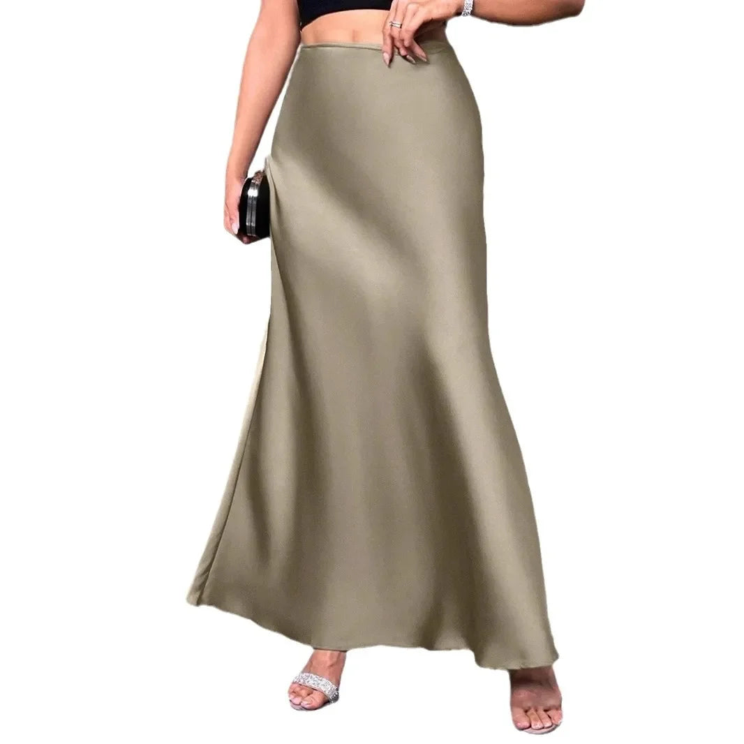 Satin Skirt Autumn Winter Simple A line Long Skirt Women Clothing