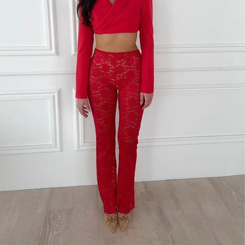 Elegant High Waisted Flared Pants See Through Lace Pants White Black Summer 2024 Women Fashion Clothes