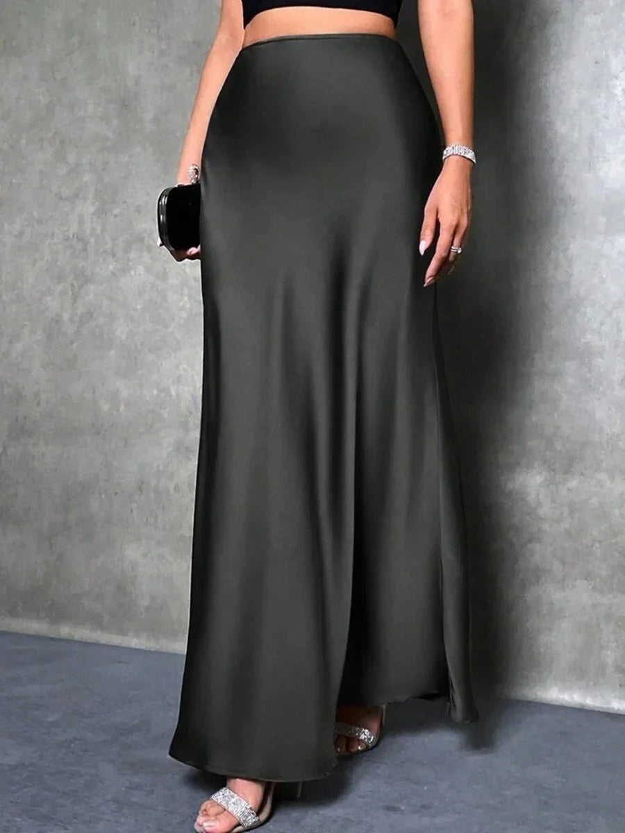 Satin Skirt Autumn Winter Simple A line Long Skirt Women Clothing